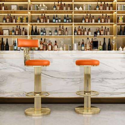 FUNROLUX Counter Height Bar Stools with Back, Modern Adjustable Height Barstools Swivel Bar Chair with Polished Gold Stainless Steel Legs for Kitchen Island Counter Living Room Coffee Shop (Orange)