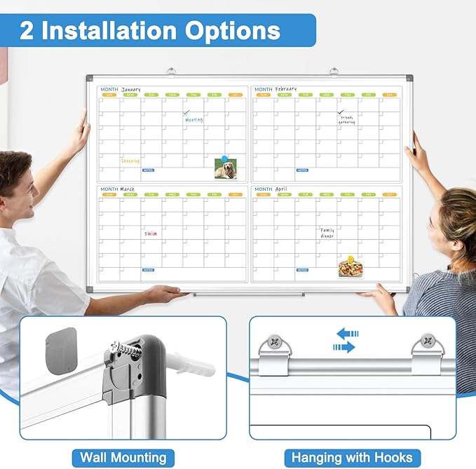 Dry Erase Calendar for Wall 4 Month, WALGLASS 48" x 36" Large Double-Sided White Board Calendar, Dry Erase Monthly Whiteboard, Silver Aluminum Frame Hanging Wall Mounted Board for Office Home School