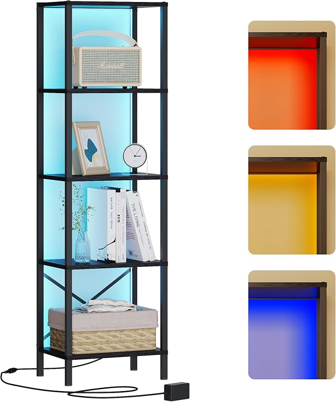 5-Tier Bookshelf, Tall Narrow Bookcase with LED Lights, Book Shelf with Steel Frame, Display Storage Shelf for Living Room, Bedroom, Home Office, Study, Balcony, Black