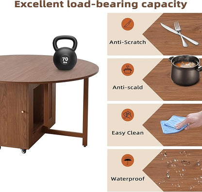 47.3" Round Folding Dining Table for 4-8, Wood Kitchen Foldable Table Large Drop Leaf Dinner Table with Storage Shelf Metal Legs for Home Dining Room Living Room in Walnut