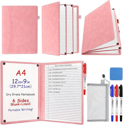 6 Sides Dry Erase Notebook Portable Whiteboards Notebook Small Reusable College Ruled Lined Board Folding Mini Travel Dry Erase White Board for Office Study(Pink,A4: 9 x 12 Inches)