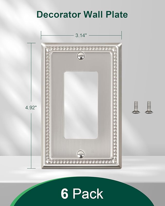 6-Pack Decorator Outlet Cover Plate, Decorative Switch Plates and Outlet Covers, Brushed Nickel Metal Wall Plates for Electrical Outlets, Receptacle, GFCI Outlet, Dimmer Switch