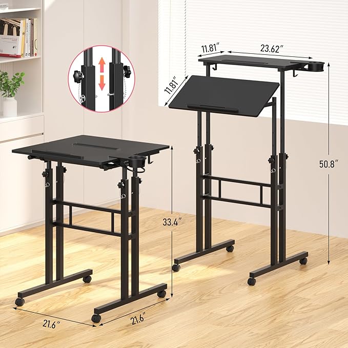Small Standing Desk with Wheels, Tall Mobile Stand Up Table, Portable Standing Desk for Walking Pad, Rolling Table Adjustable Height, Rolling Computer Table for Tall Person