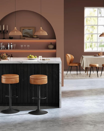 VASAGLE EKHO Collection - 360° Swivel Bar Stools Set of 2, Height Adjustable Barstools with Storage, Synthetic Leather with Stitching, Mid-Century Modern, Kitchen Bar, Easy Assembly, Caramel Brown