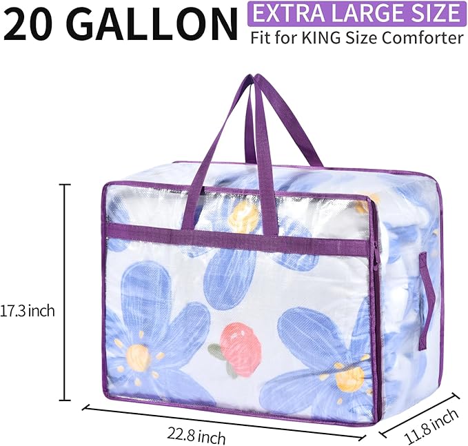 20 Gallon Large Clear Blanket Storage Bags for Bedding with Zipper Handles, 76L Oversized Comforter Storage Bag King Size, Folding Plastic Bedding Storage for Clothes, Bed Sheet, Pillow, Toys, 4Pack