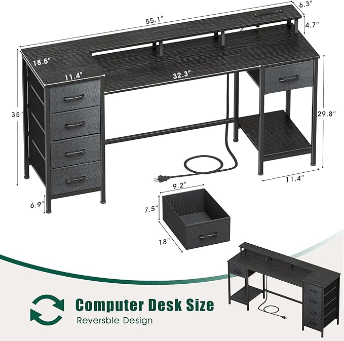 55 Inch Computer Gaming Desk with Power Outlets LED Lights Reversible Home Office with Adjustable Fabric Storage Drawers for Working Writing Study, Black