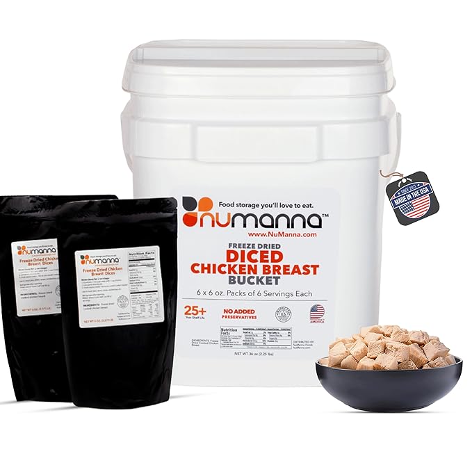 NuManna Freeze-Dried Diced Chicken Breast Bucket 36 Servings | Over 25g Protein per Serving for Daily Meal Prep, Emergency & Survival Food | Non-GMO, Resealable | 25+ Year Shelf Life | Made in USA