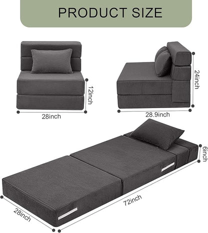 MeMoreCool Boneless Folding Chair Bed – Dark Grey Corduroy Single Sleeper Sofa, 4-in-1 Convertible Futon Couch with Pillow, Compact Fold-Out Floor Mattress with Washable Cover for Bedroom, Guest Room