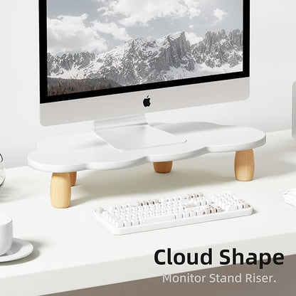 Monitor Stand Riser,Cloud-Shaped Sturdy Wood Computer Monitor Riser, Laptop Monitor Stand, Multi-Purpose Desktop Organizer Riser for Computer, Laptop, Printer, TV,White