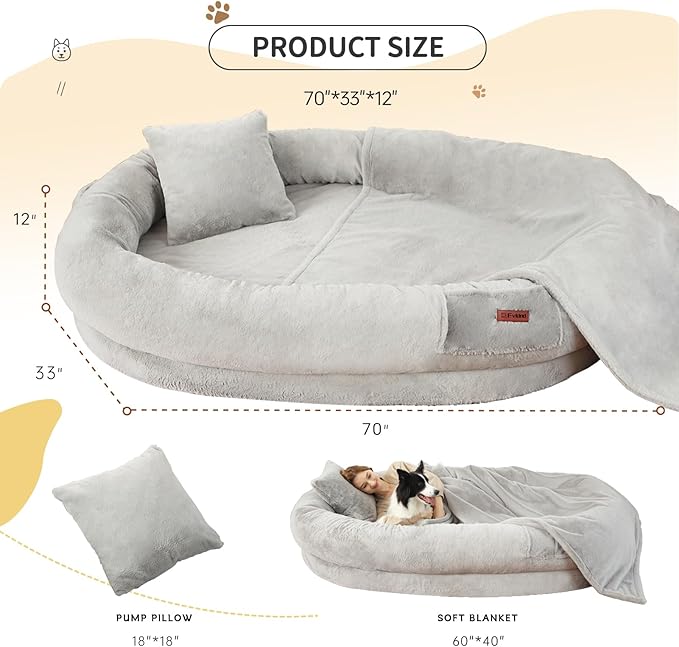 Human Dog Bed for Adult Kids with Blanket and Pillow, 70"x33"x12" Washable Faux Fur Human Size Dog Bed for People Doze Off, Light Grey