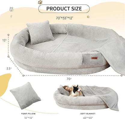Human Dog Bed for Adult Kids with Blanket and Pillow, 70"x33"x12" Washable Faux Fur Human Size Dog Bed for People Doze Off, Light Grey