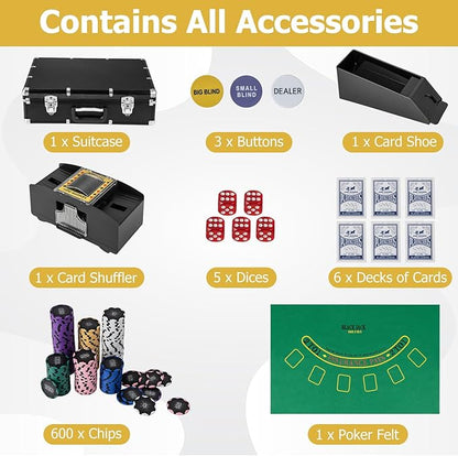 Goplus Poker Chip Set, 600 PCS 14 Gram Clay Poker Chips w/Case, Automatic Card Shuffler, 6 Decks Cards, 5 Dices, Card Shoe, 3 Dealer Buttons, Poker Felt, Texas Holdem, Blackjack, Casino (600 PCS)