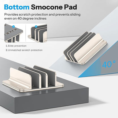 OMOTON 3-Slot Vertical Laptop Stand, Desktop Aluminum Stand for MacBook with Adjustable Dock Size, Fits All MacBook, Surface, Chromebook and Gaming Laptops (Up to 17.3 inches), Starlight
