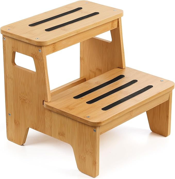 Wooden Step Stools for Kids, Heavy Duty Bamboo 2-Step Stepping Stools for Toddlers, DIY Non-Slip Pads & Handles, for High Bed, Bathroom, Toilet, Kitchen, RV, Natural