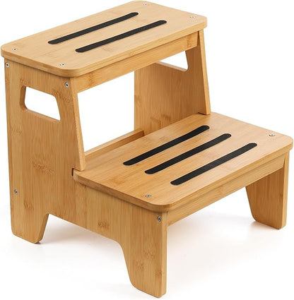 Wooden Step Stools for Kids, Heavy Duty Bamboo 2-Step Stepping Stools for Toddlers, DIY Non-Slip Pads & Handles, for High Bed, Bathroom, Toilet, Kitchen, RV, Natural