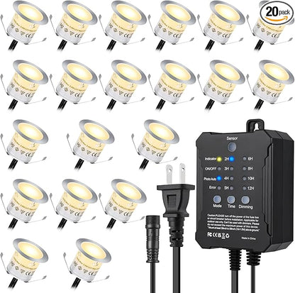 Dimmable LED Deck Lights With Timer and Photocell Sensor, 20 Pack Recessed Light Kits, IP67 Waterproof Outdoor Smart Lighting for Garden, Yard, Patio, Step, Floor Decoration
