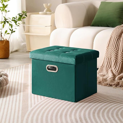 PRANDOM Ottoman with Storage [1-Pack] Velvet Folding Small Square Foot Stool with Lid for Living Room Bedroom Coffee Table Dorm Green 17x13x13 inches
