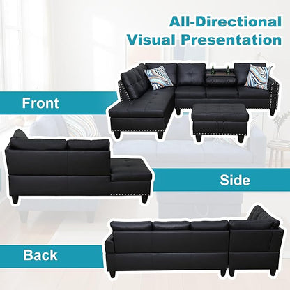 L Shaped Couch Faux Leather Sectional Couch Upholstered 3 Pieces Sofas for Living Room with Chaise, Storage Ottoman for Office and Small Apartment, Graceful Black