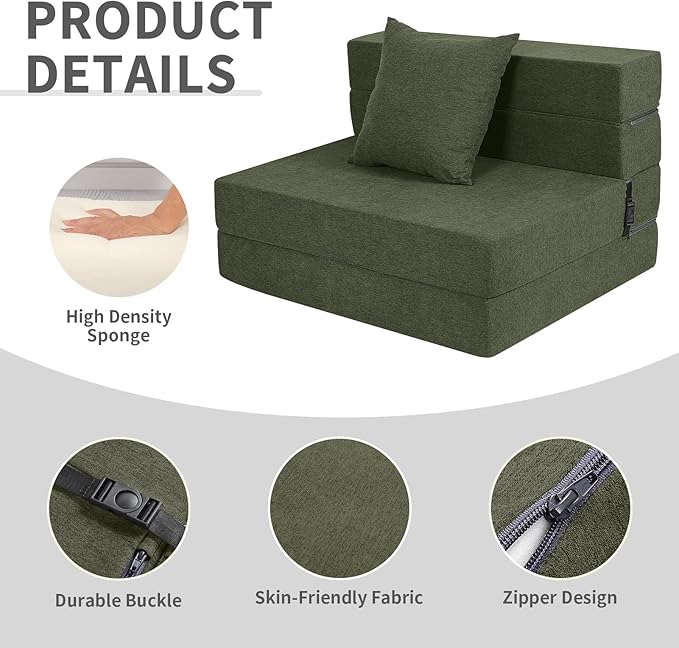 Folding Sofa Bed, High-Density Memory Foam Sofa Bed with a Fluffy Pillow, Folding Floor Couch Guest Bed, Twin Size, Green