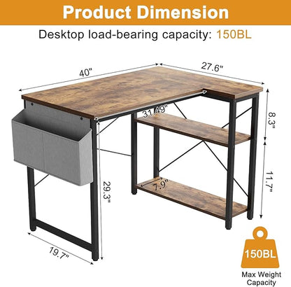 L Shaped Computer Desk with Reversible Shelves, 40 Inch Small Corner Desk with Storage Bag, Gaming Desk Computer Table Study Writing Desk for Home Office Small Space, Rustic Brown