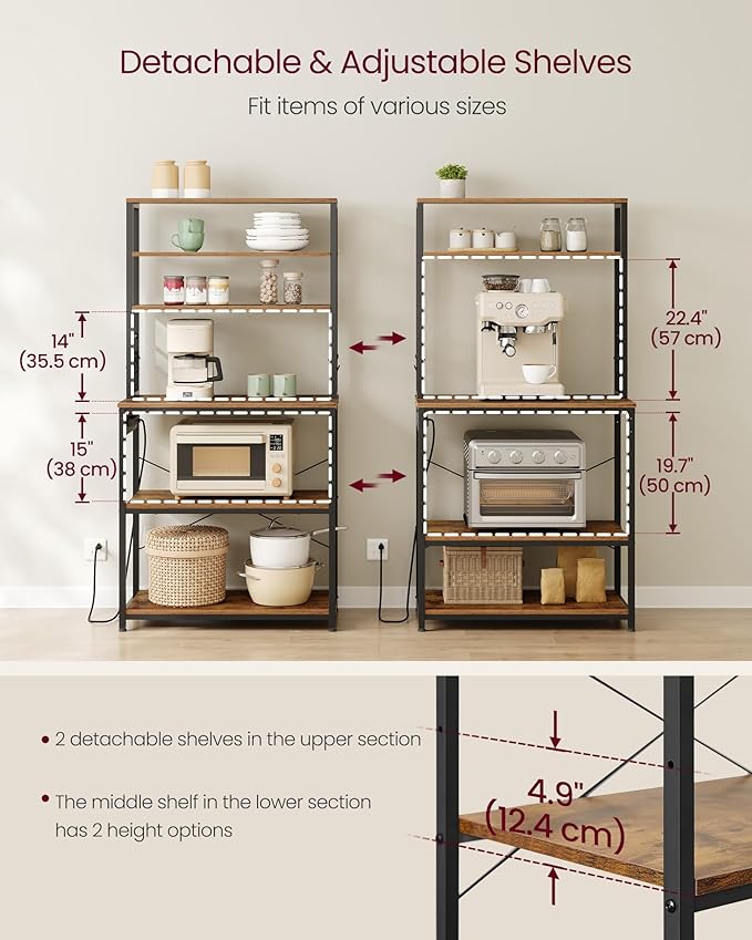VASAGLE Bakers Rack with Power Outlet, 31.5 Inches Coffee Bar for Kitchen with Storage, 6-Tier Kitchen Shelves with 6 Hooks, Microwave Stand, Rustic Brown and Black UKKS119K01