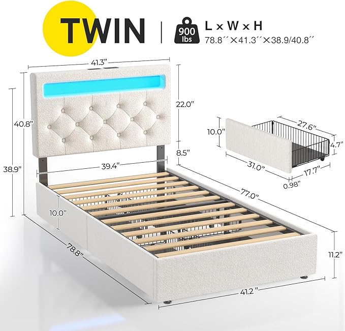 Rolanstar Twin Bed Frame with 4 Storage Drawers and Charging Station,Twin Bed with Led Lights, 2 USB & 1 Type C, Adjustable Headboard 38.9/40.8 Inches, No Box Spring Needed, White