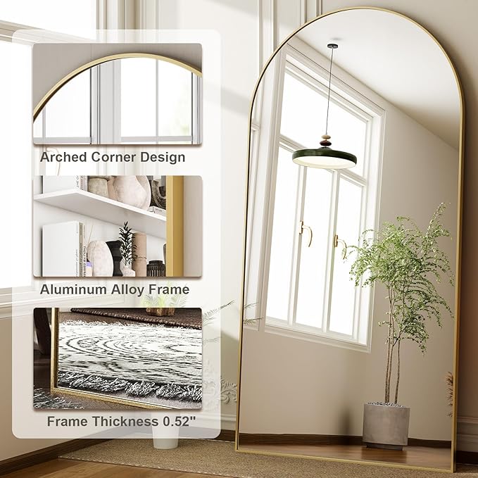 HARRITPURE 71"x30" Arched Full Length Mirror Free Standing Leaning Hanging Mounted Mirrors Aluminum Frame Modern Simple Home Decor for Living Room Bedroom Cloakroom, Gold