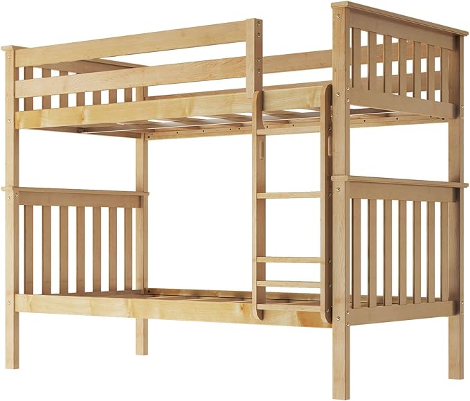 Max & Lily Bunk Bed Twin over Twin, Solid Wood Bunk Bed Frame with Ladder for Kids, 14" Safety Guardrails, Easy Assembly, No Box Spring Needed, Natural