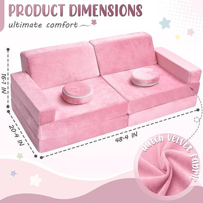 10Pcs Kids Play Couch,Toddler Sofa,Modular Kids Couch for Playing, Creativing, Sleeping (Pink)
