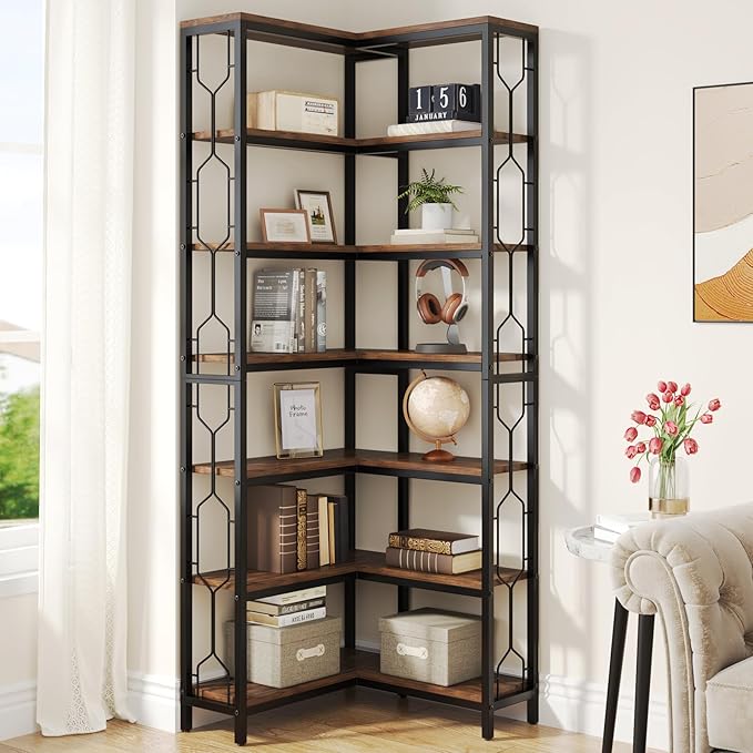 Tribesigns Corner Shelf, 7-Tier Industrial Corner Bookshelf, Wood and Metal Etagere Bookcase, Freestanding Display Shelf for Living Room, Kitchen, Home Office, Rustic Brown