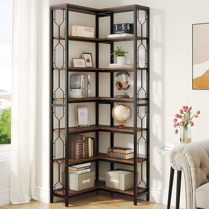Tribesigns Corner Shelf, 7-Tier Industrial Corner Bookshelf, Wood and Metal Etagere Bookcase, Freestanding Display Shelf for Living Room, Kitchen, Home Office, Rustic Brown