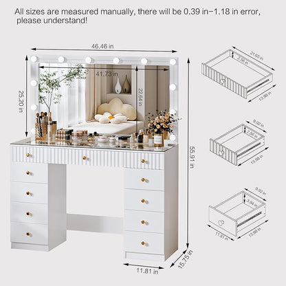 Fluted Makeup Vanity Desk with 46" HD Lighted Mirror,Big Modern Vanity Desk with Mirror and 12 LED Lights, Dressing Table with 11 Drawers, Glass Top for Bedroom,White