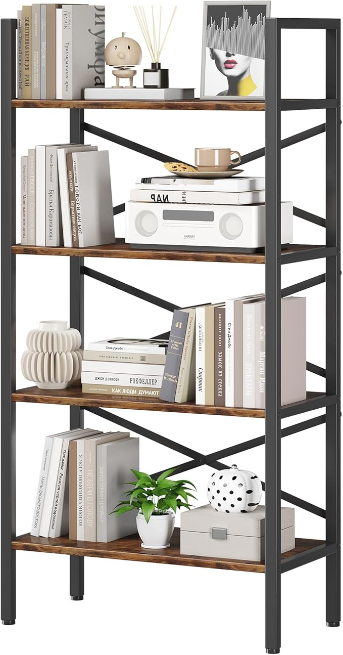 Homeiju 4 Tier Bookshelf 23.6" Width, Kids Bookshelf with Storage, Small Bookcase with Open Shelves, Storage Organization for Bedroom, Living Room and Home Office,Rustic Brown