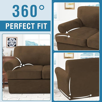 H.VERSAILTEX Sofa Cover 2 Piece T Cushion Armchair Slipcovers Thick Velvet Couch Cover Stretch T Cushion Sofa Covers for 1 Cushion Couch with 1 Individual T Cushion Covers, Bronze Brown