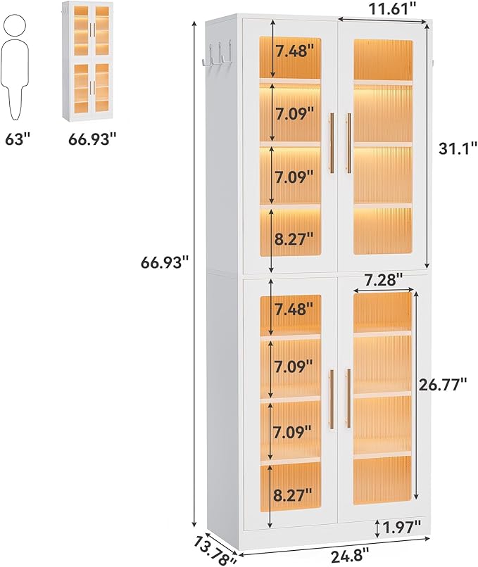 LITTLE TREE Stylish 8-Tier Vertical Shoe Rack with Built-in LED Lighting, Doors for Dust Protection, and Convenient External Hooks, Shoe Cabinet for Entryway, Living Room, Bedroom, White