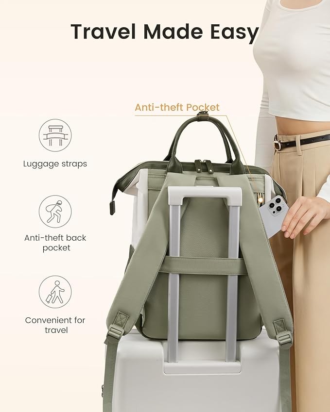 LOVEVOOK Laptop Backpack for Women with Giant Tumbler Holder,15.6 inch Professional Nurse Teacher Backpack Computer Laptop Bag,Cute Travel Backpack Purse Work College Bag,Beige-Bean green-Army green