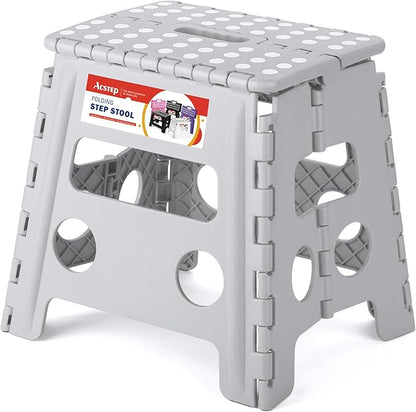 ACSTEP Folding Step Stool 13'' Foldable Step Stool for Kids and Adults Up to 300 lbs, Non-Slip Folding Stools with Portable Handle for Bedroom Kitchen, Bathroom Grey