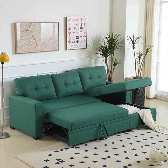 L-Shape Sofa Bed, 82" Sectional Couch with Storage Chaise, Pull Out Sleeper Sofa with Removable Back Cushions, Convertible Corner Couch for Living Room Apartment, Green
