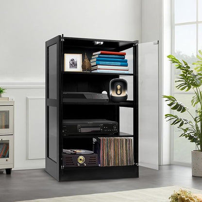 4-Tier Media Cabinet with LED Lighting, Audio/Video Stand Featuring Built-in USB Ports and Electrical Outlets, Designed for Living Rooms and Gaming Spaces, Glass Doors