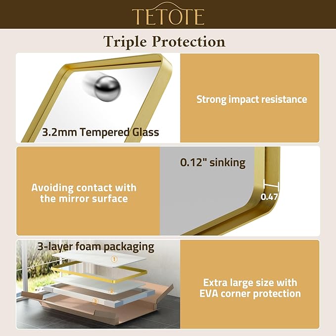 TETOTE Brushed Gold Bathroom Mirror 30 x 30 Gold Metal Framed Bathroom Mirror, Tempered Glass, Modern Farmhouse Wall Mounted Mirror for Decorative(Horizontal/Vertical)