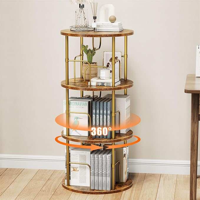 Rotating Bookshelf, 3 Tier Round Revolving Bookcase with Special Visible Partition Storage, 360° Display Spinning Bookshelf Tower Storage Organizer Rack for Bedroom, Living Room, Small Space, Gold