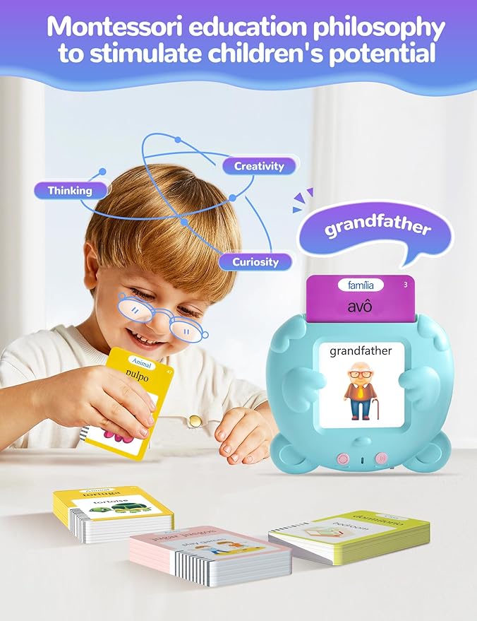 Portuguese and English Talking Flash Cards for Toddlers, 224 Sight Words Bilingual Learning Toys for Kids, Autism Pocket Speech Therapy Toys, Brazil Português Vocabulary Educational Flashcards