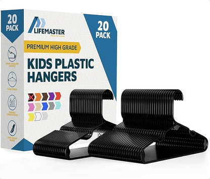 Lifemaster Plastic Kids Clothes Hanger – Children Clothes Hanger with Shoulder Notch, 11.6 Inch Space-Saving Closet Organizer for Baby, Toddler, and Kids Clothing, Hold Up to 5 lbs, Pack of 20, Black