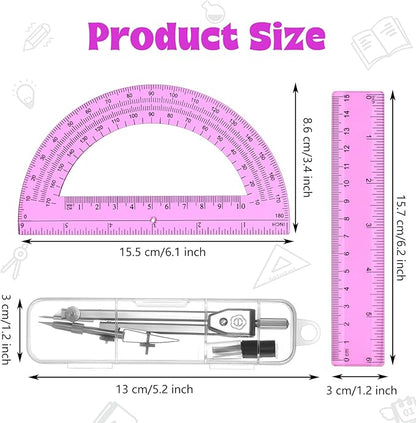 Zonon 3 Pcs Plastic Ruler 6 Inch Protractor Drawing Compass Set, Student Geometry Math Transparent Measuring Tools for Home School Classroom Office Supplies(6 Inch,Pink)
