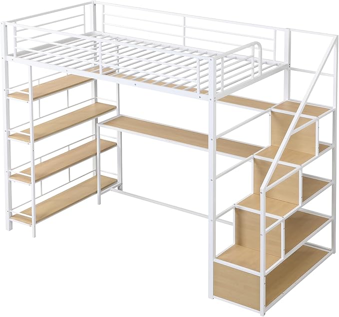 Twin Size Metal Loft Bed with Staircase,Full-Length Guardrails,a Built-in Desk and a 3-Tier Shelf,No Box Spring Needed,Noise Free,for Juniors&Adults,White