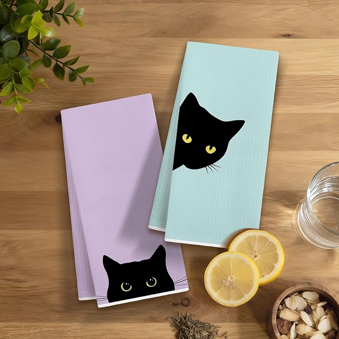 Preppy Black Cat Kitchen Dish Towels, Black Cat Gifts for Women, Dopamine Cute Kitty Kitten Decorative Hand Tea Towels for Bathroom Kitchen, 16x24 Inches Set of 3