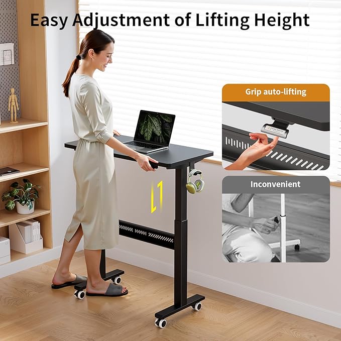 Mobile Walking Pad Desk with Wheels, Pneumatic Small Rolling Standing Desk Riser Height Adjustable (28-43.7") for Treadmill, Portable Computer Table for Home Office, Black
