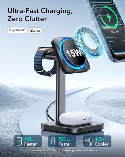 ESR for MagSafe Charger Stand, 3 in 1 Charging Station with CryoBoost, Phone-Cooling Wireless Charging, 15W MagSafe Stand, for iPhone 17/16/15/14/13/12, AirPods, Apple Watch, Black