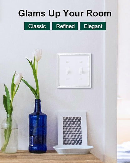 2-Pack Double Toggle Light Switch Cover Plate, Pearls Decorative Dual Switch Plate Covers, Pure White 2 Gang Metal Wall Plate, Corrosion Resistant