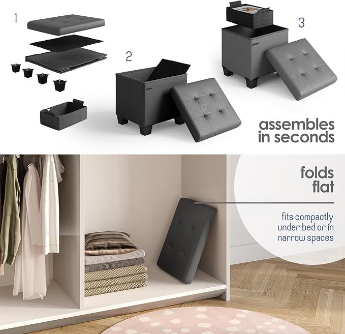 STORAGEBUD Storage Ottoman Cube with Small Bin, 16-in Square Ottoman with Storage for Living Room and Bedroom, Small Ottomans Foot Rest, Faux Leather Foot Stools Ottomans Max 330lbs, Grey